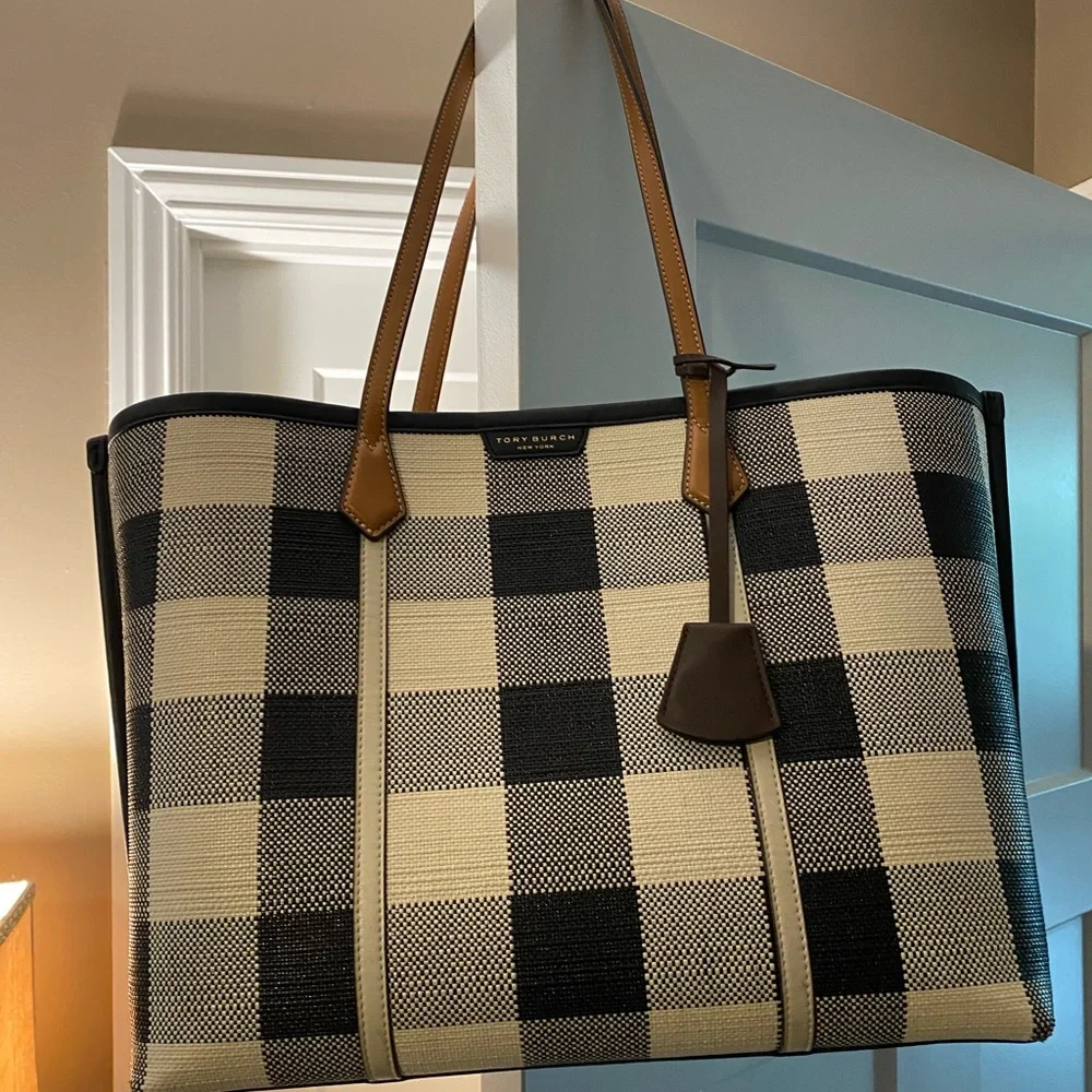 Tory Burch Plaid Gingham Tote with Tan Accents - Picture 7 of 9